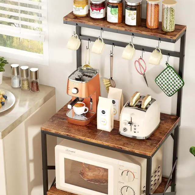 Alt view image 7 of 7 - Kitchen Bakers Rack with Storage Shelves, Small Coffee Bar Cart with 8 Hooks, 4 Tiers Microwave Stand Station with Adjustable Shelves, Freestanding Kitchen Appliance Organizer, Rustic Brown