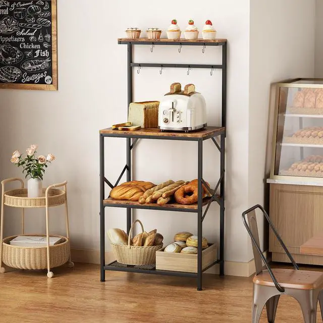 Alt view image 4 of 7 - Kitchen Bakers Rack with Storage Shelves, Small Coffee Bar Cart with 8 Hooks, 4 Tiers Microwave Stand Station with Adjustable Shelves, Freestanding Kitchen Appliance Organizer, Rustic Brown