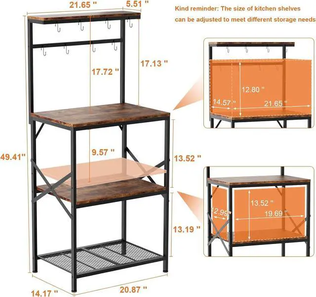 Alt view image 2 of 7 - Kitchen Bakers Rack with Storage Shelves, Small Coffee Bar Cart with 8 Hooks, 4 Tiers Microwave Stand Station with Adjustable Shelves, Freestanding Kitchen Appliance Organizer, Rustic Brown