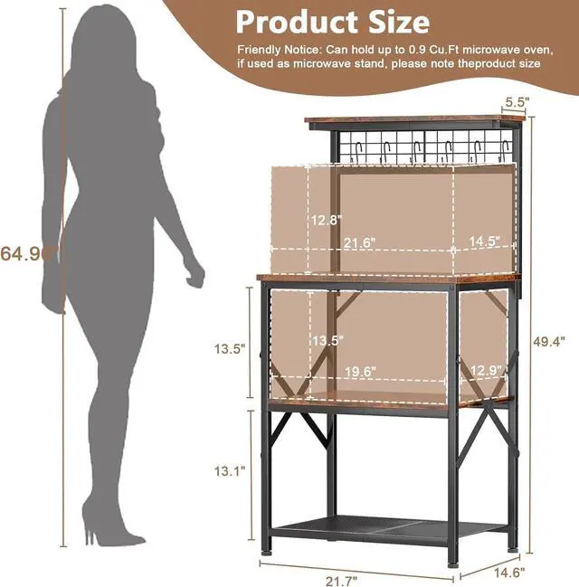 Alt view image 3 of 7 - Furologee Kitchen Bakers Rack with Hutch, Coffee Bar Station 4 Tiers, Microwave Oven Stand with 6 S Hooks and Pegboard, Kitchen Microwave Rack for Spice Organizer Workstation, Rustic Brown