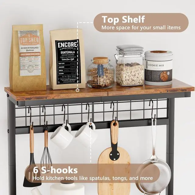Alt view image 4 of 7 - Furologee Kitchen Bakers Rack with Hutch, Coffee Bar Station 4 Tiers, Microwave Oven Stand with 6 S Hooks and Pegboard, Kitchen Microwave Rack for Spice Organizer Workstation, Rustic Brown