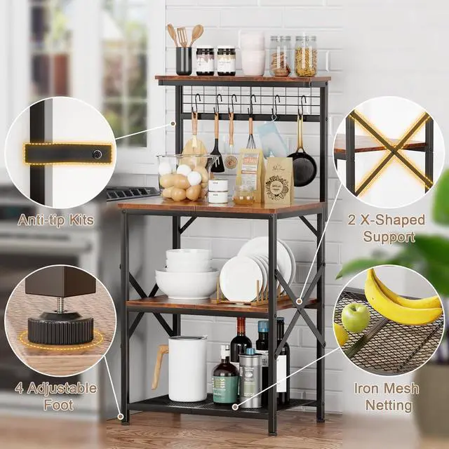 Alt view image 5 of 7 - Furologee Kitchen Bakers Rack with Hutch, Coffee Bar Station 4 Tiers, Microwave Oven Stand with 6 S Hooks and Pegboard, Kitchen Microwave Rack for Spice Organizer Workstation, Rustic Brown