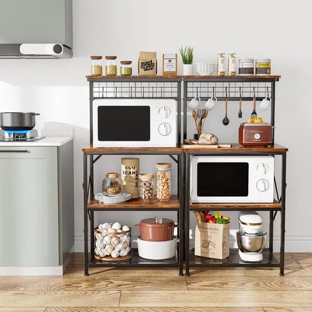 Alt view image 6 of 7 - Furologee Kitchen Bakers Rack with Hutch, Coffee Bar Station 4 Tiers, Microwave Oven Stand with 6 S Hooks and Pegboard, Kitchen Microwave Rack for Spice Organizer Workstation, Rustic Brown