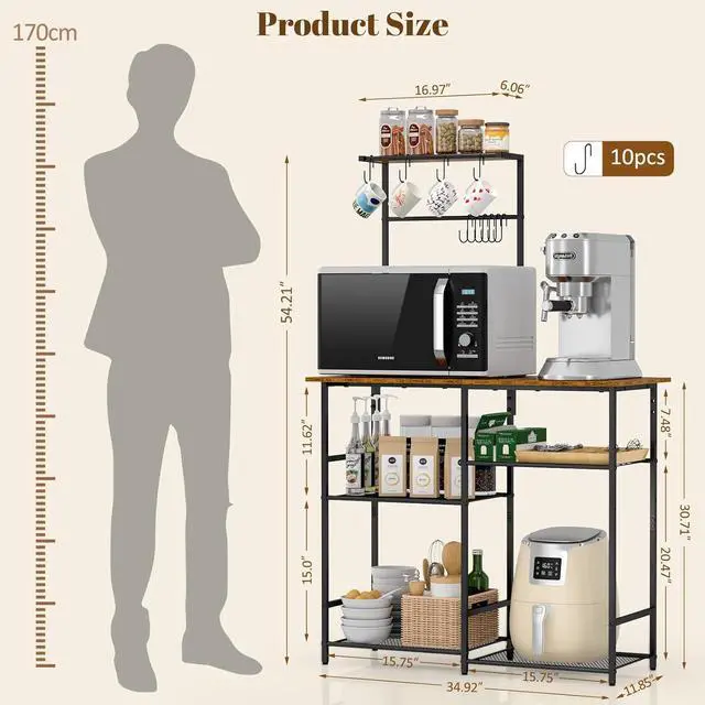 Alt view image 2 of 7 - Baker's Rack for Kitchen with Storage, Microwave Stand with Adjustable Shelves and 10 S Hooks, 6-Tier Coffee Bar Station, Kitchen Shelves for Spices, Pots, Rustic Brown