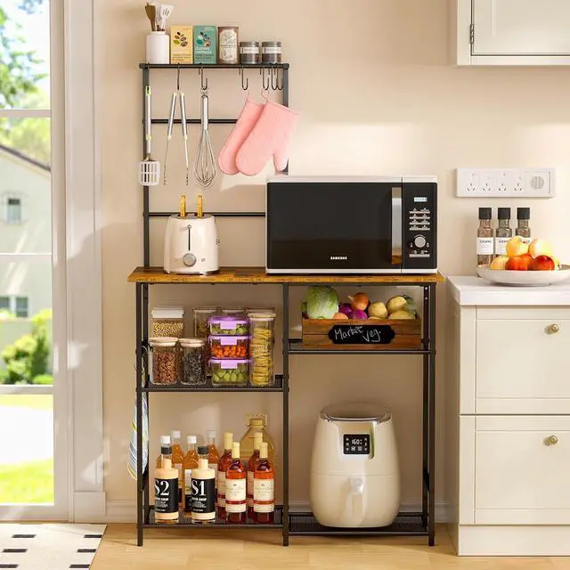 Alt view image 4 of 7 - Baker's Rack for Kitchen with Storage, Microwave Stand with Adjustable Shelves and 10 S Hooks, 6-Tier Coffee Bar Station, Kitchen Shelves for Spices, Pots, Rustic Brown