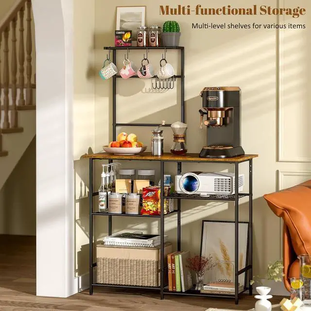 Alt view image 3 of 7 - Baker's Rack for Kitchen with Storage, Microwave Stand with Adjustable Shelves and 10 S Hooks, 6-Tier Coffee Bar Station, Kitchen Shelves for Spices, Pots, Rustic Brown