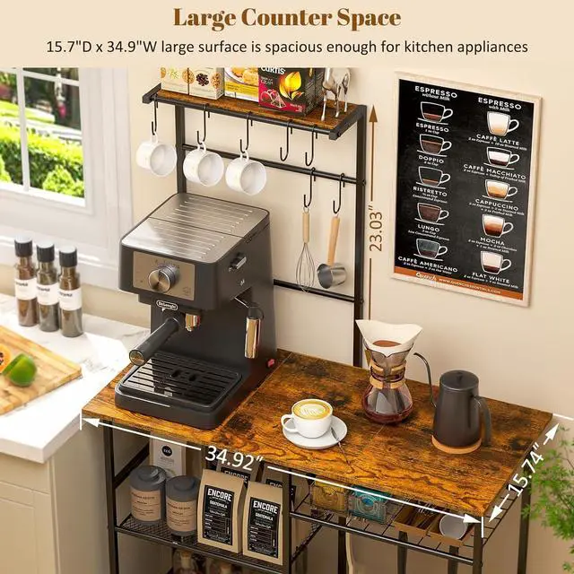 Alt view image 5 of 7 - Baker's Rack for Kitchen with Storage, Microwave Stand with Adjustable Shelves and 10 S Hooks, 6-Tier Coffee Bar Station, Kitchen Shelves for Spices, Pots, Rustic Brown