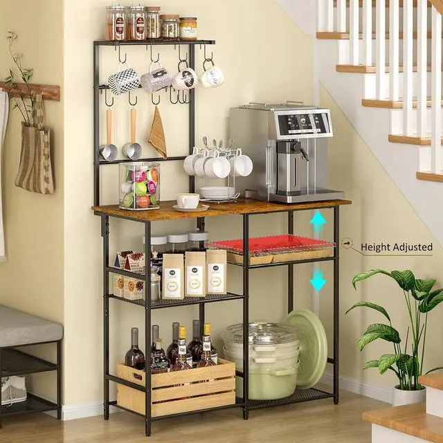Alt view image 6 of 7 - Baker's Rack for Kitchen with Storage, Microwave Stand with Adjustable Shelves and 10 S Hooks, 6-Tier Coffee Bar Station, Kitchen Shelves for Spices, Pots, Rustic Brown