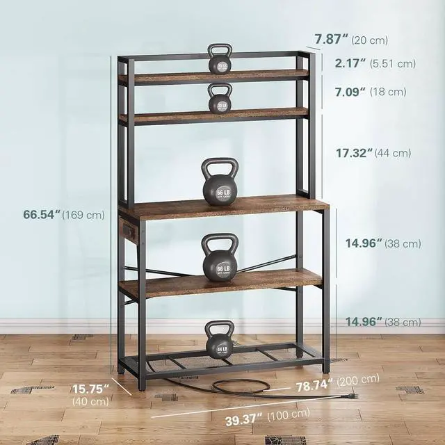 Alt view image 2 of 7 - Denkee Large Bakers Rack with Power Outlets, 5-Tier Microwave Stand with Storage, Coffee Bar Stand, Industrial Kitchen Shelf Rack, 38 x 15.7 x 66.9 Inches, Rustic Brown