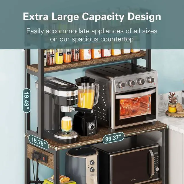 Alt view image 3 of 7 - Denkee Large Bakers Rack with Power Outlets, 5-Tier Microwave Stand with Storage, Coffee Bar Stand, Industrial Kitchen Shelf Rack, 38 x 15.7 x 66.9 Inches, Rustic Brown