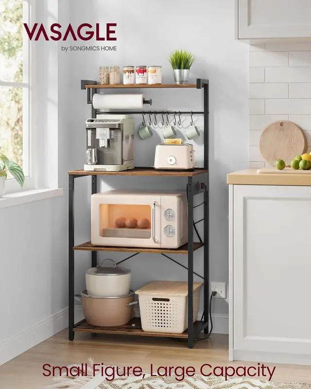 Alt view image 2 of 7 - VASAGLE Kitchen Bakers Rack with Power Outlet, Coffee Bar 4-Tier with 8 S Hooks, Microwave Stand, Adjustable Shelf, for Small Spaces, Rustic Brown and Ink Black UKKS014K01V1