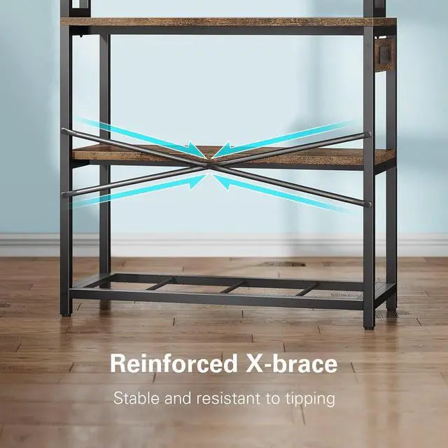 Alt view image 5 of 7 - Denkee Large Bakers Rack with Power Outlets, 5-Tier Microwave Stand with Storage, Coffee Bar Stand, Industrial Kitchen Shelf Rack, 38 x 15.7 x 66.9 Inches, Rustic Brown