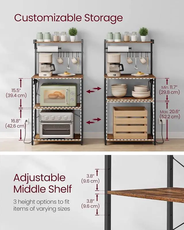 Alt view image 3 of 7 - VASAGLE Kitchen Bakers Rack with Power Outlet, Coffee Bar 4-Tier with 8 S Hooks, Microwave Stand, Adjustable Shelf, for Small Spaces, Rustic Brown and Ink Black UKKS014K01V1