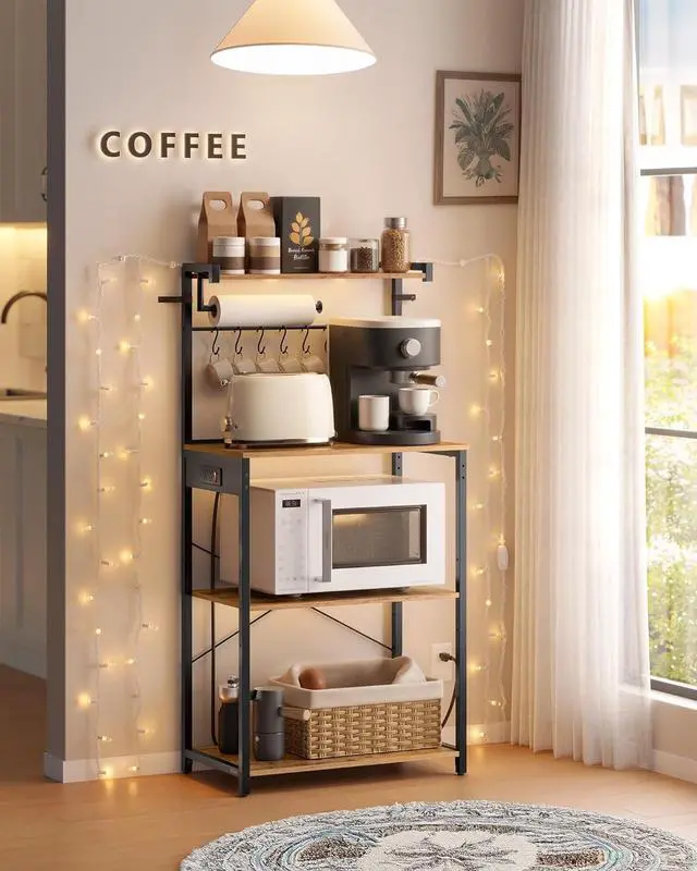 Alt view image 4 of 7 - VASAGLE Kitchen Bakers Rack with Power Outlet, Coffee Bar 4-Tier with 8 S Hooks, Microwave Stand, Adjustable Shelf, for Small Spaces, Rustic Brown and Ink Black UKKS014K01V1