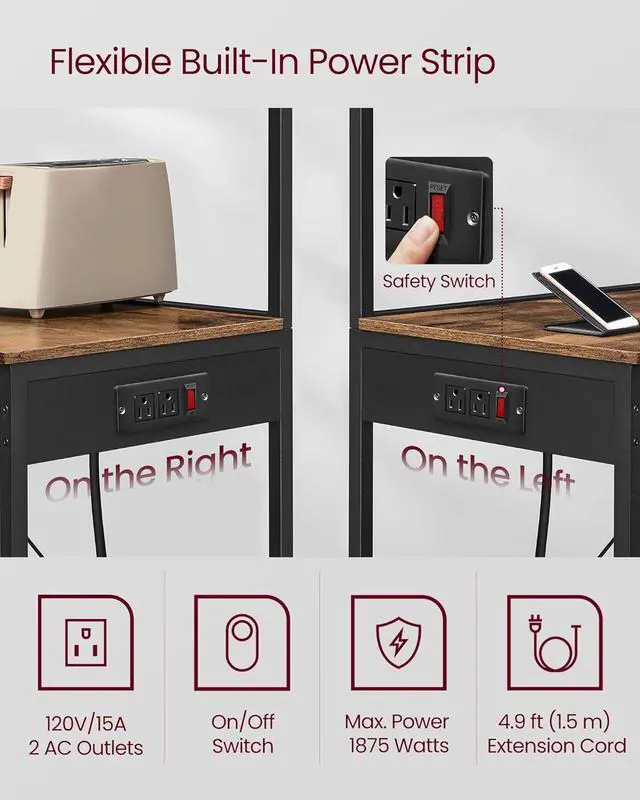 Alt view image 5 of 7 - VASAGLE Kitchen Bakers Rack with Power Outlet, Coffee Bar 4-Tier with 8 S Hooks, Microwave Stand, Adjustable Shelf, for Small Spaces, Rustic Brown and Ink Black UKKS014K01V1