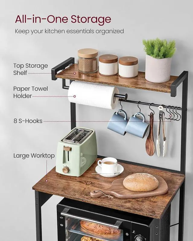 Alt view image 6 of 7 - VASAGLE Kitchen Bakers Rack with Power Outlet, Coffee Bar 4-Tier with 8 S Hooks, Microwave Stand, Adjustable Shelf, for Small Spaces, Rustic Brown and Ink Black UKKS014K01V1