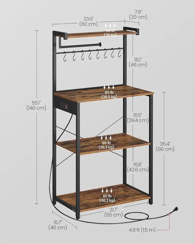 Alt view image 7 of 7 - VASAGLE Kitchen Bakers Rack with Power Outlet, Coffee Bar 4-Tier with 8 S Hooks, Microwave Stand, Adjustable Shelf, for Small Spaces, Rustic Brown and Ink Black UKKS014K01V1