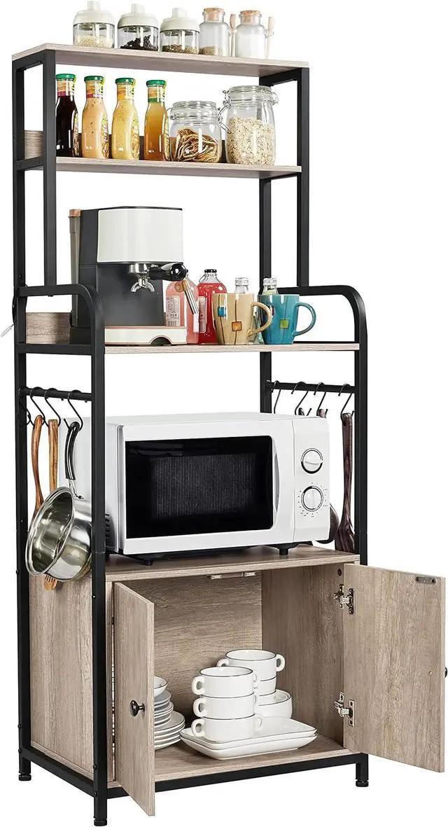 Main image of Yaheetech 4-Tier Kitchen Bakers Rack with Storage Cabinet and Hutch, Microwave Oven Stand Coffee Bar Pantry Cabinet with 8 S Hooks, Freestanding Kitchen Shelves Spice Rack, Gray