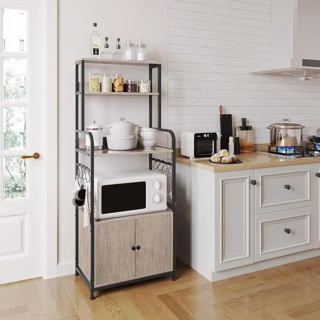 Alt view image 2 of 7 - Yaheetech 4-Tier Kitchen Bakers Rack with Storage Cabinet and Hutch, Microwave Oven Stand Coffee Bar Pantry Cabinet with 8 S Hooks, Freestanding Kitchen Shelves Spice Rack, Gray