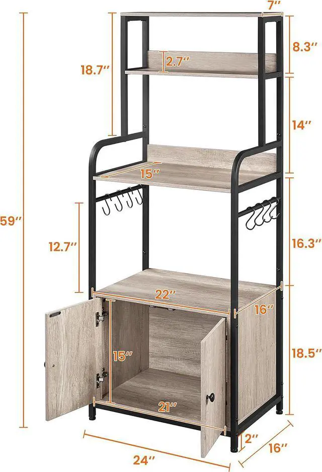 Alt view image 3 of 7 - Topeakmart Kitchen Baker's Rack with Storage Shelves, 4-Tier Microwave Stand with 8 Hooks and Cabinet, 59'' Height Kitchen Shelves for Spices, Pots and Pans, Utility Coffee Station