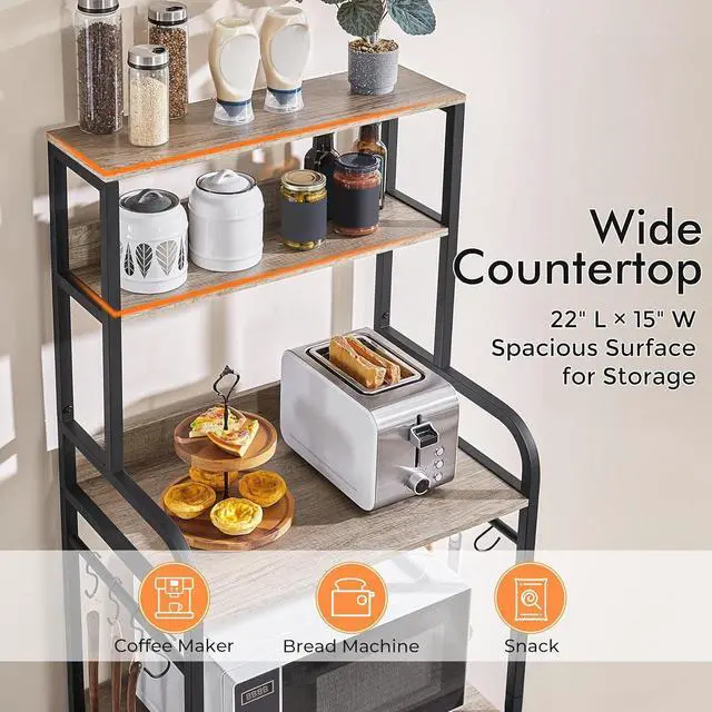 Alt view image 4 of 7 - Yaheetech 4-Tier Kitchen Bakers Rack with Storage Cabinet and Hutch, Microwave Oven Stand Coffee Bar Pantry Cabinet with 8 S Hooks, Freestanding Kitchen Shelves Spice Rack, Gray