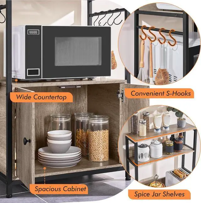 Alt view image 5 of 7 - Yaheetech 4-Tier Kitchen Bakers Rack with Storage Cabinet and Hutch, Microwave Oven Stand Coffee Bar Pantry Cabinet with 8 S Hooks, Freestanding Kitchen Shelves Spice Rack, Gray