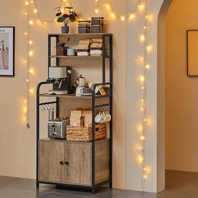 Alt view image 7 of 7 - Yaheetech 4-Tier Kitchen Bakers Rack with Storage Cabinet and Hutch, Microwave Oven Stand Coffee Bar Pantry Cabinet with 8 S Hooks, Freestanding Kitchen Shelves Spice Rack, Gray