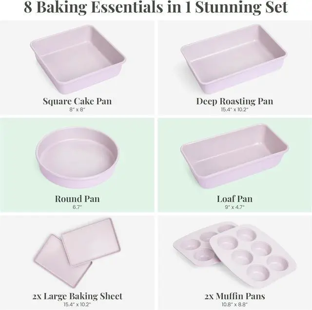 Alt view image 2 of 7 - Larder & Vine 8-Piece Bakeware Set | Non-Stick Baking Set with Ceramic Finish | PFAS, PFOA, PTFE, and BPA Free Baking Essentials | Baking Sheets, Muffin Tins and Assorted Baking Pans | Lavender