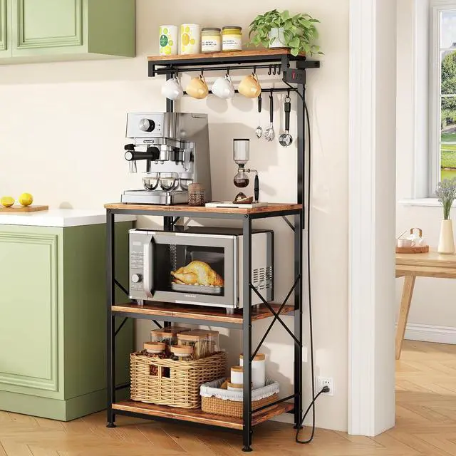 Main image of Kitchen Bakers Rack with Power Outlet 10 Hooks, 4 Tiers Coffee Bar Station Cabinet, Microwave Stand with Storage (Rustic Brown, 21.7 x 14.2 x 49.6 Inch)
