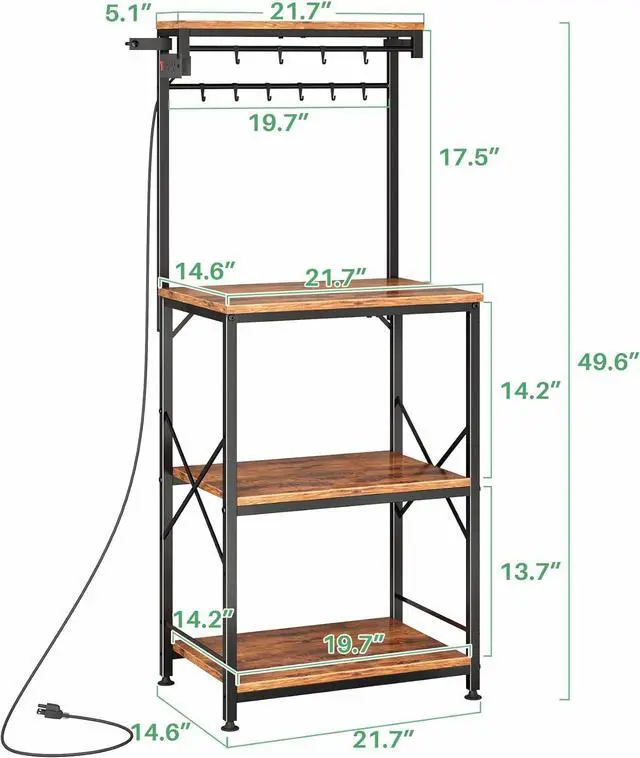 Alt view image 2 of 7 - Kitchen Bakers Rack with Power Outlet 10 Hooks, 4 Tiers Coffee Bar Station Cabinet, Microwave Stand with Storage (Rustic Brown, 21.7 x 14.2 x 49.6 Inch)