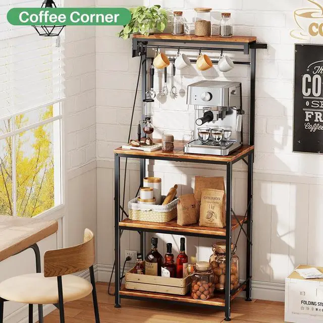 Alt view image 3 of 7 - Kitchen Bakers Rack with Power Outlet 10 Hooks, 4 Tiers Coffee Bar Station Cabinet, Microwave Stand with Storage (Rustic Brown, 21.7 x 14.2 x 49.6 Inch)