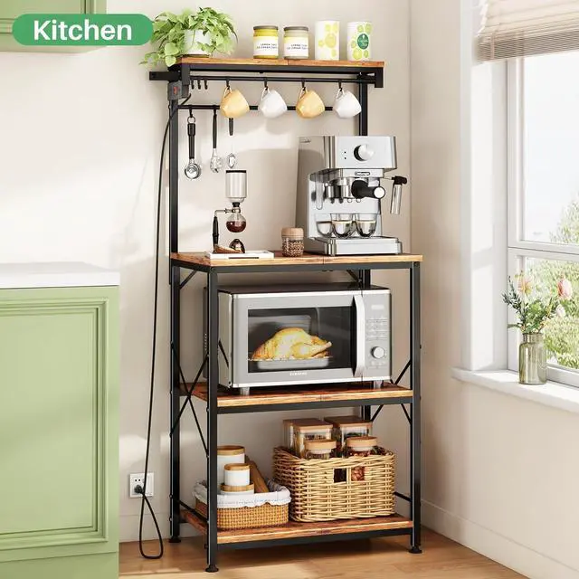 Alt view image 4 of 7 - Kitchen Bakers Rack with Power Outlet 10 Hooks, 4 Tiers Coffee Bar Station Cabinet, Microwave Stand with Storage (Rustic Brown, 21.7 x 14.2 x 49.6 Inch)