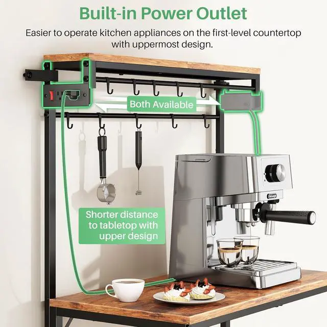 Alt view image 5 of 7 - Kitchen Bakers Rack with Power Outlet 10 Hooks, 4 Tiers Coffee Bar Station Cabinet, Microwave Stand with Storage (Rustic Brown, 21.7 x 14.2 x 49.6 Inch)
