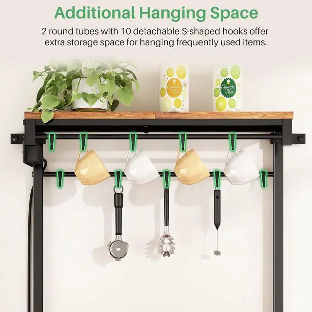 Alt view image 6 of 7 - Kitchen Bakers Rack with Power Outlet 10 Hooks, 4 Tiers Coffee Bar Station Cabinet, Microwave Stand with Storage (Rustic Brown, 21.7 x 14.2 x 49.6 Inch)