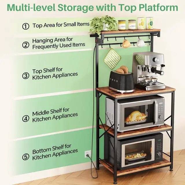 Alt view image 7 of 7 - Kitchen Bakers Rack with Power Outlet 10 Hooks, 4 Tiers Coffee Bar Station Cabinet, Microwave Stand with Storage (Rustic Brown, 21.7 x 14.2 x 49.6 Inch)