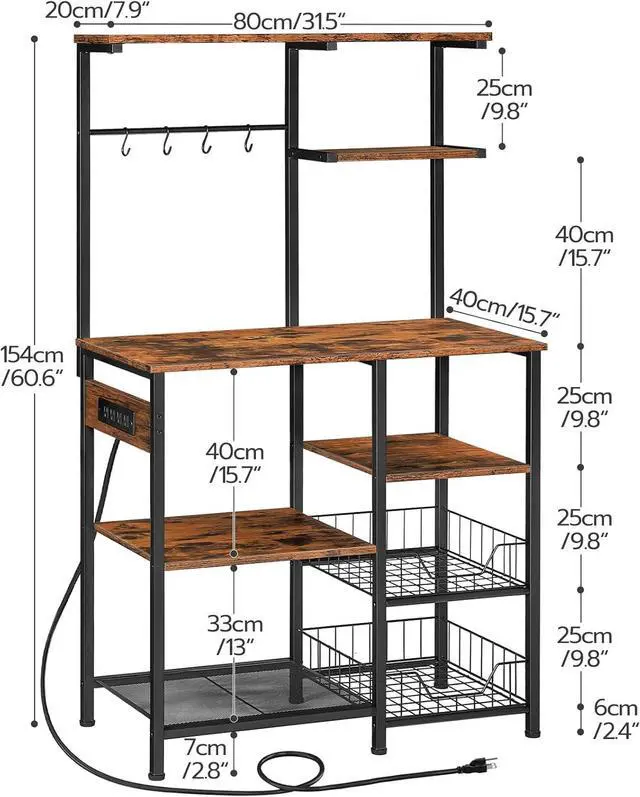 Alt view image 3 of 7 - HOOBRO Large Bakers Rack with Power Outlets, 6-Tier Microwave Stand with 4 Hooks, Coffee Bar, Kitchen Shelf with Wire Basket, for Kitchen, Living Room, Office, Rustic Brown and Black BF64UHB01