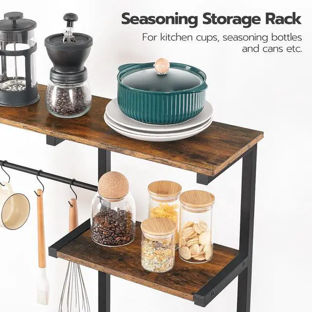 Alt view image 5 of 7 - HOOBRO Large Bakers Rack with Power Outlets, 6-Tier Microwave Stand with 4 Hooks, Coffee Bar, Kitchen Shelf with Wire Basket, for Kitchen, Living Room, Office, Rustic Brown and Black BF64UHB01