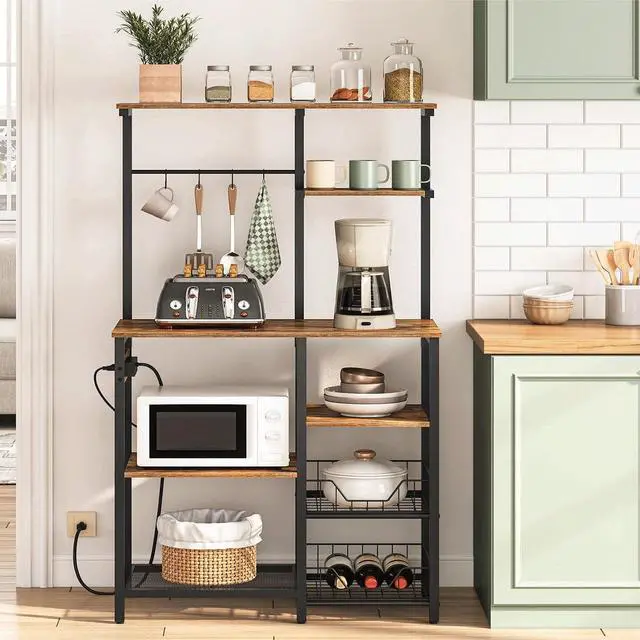 Alt view image 2 of 7 - HOOBRO Large Bakers Rack with Power Outlets, 6-Tier Microwave Stand with 4 Hooks, Coffee Bar, Kitchen Shelf with Wire Basket, for Kitchen, Living Room, Office, Rustic Brown and Black BF64UHB01