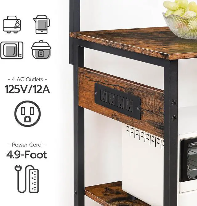 Alt view image 4 of 7 - HOOBRO Large Bakers Rack with Power Outlets, 6-Tier Microwave Stand with 4 Hooks, Coffee Bar, Kitchen Shelf with Wire Basket, for Kitchen, Living Room, Office, Rustic Brown and Black BF64UHB01