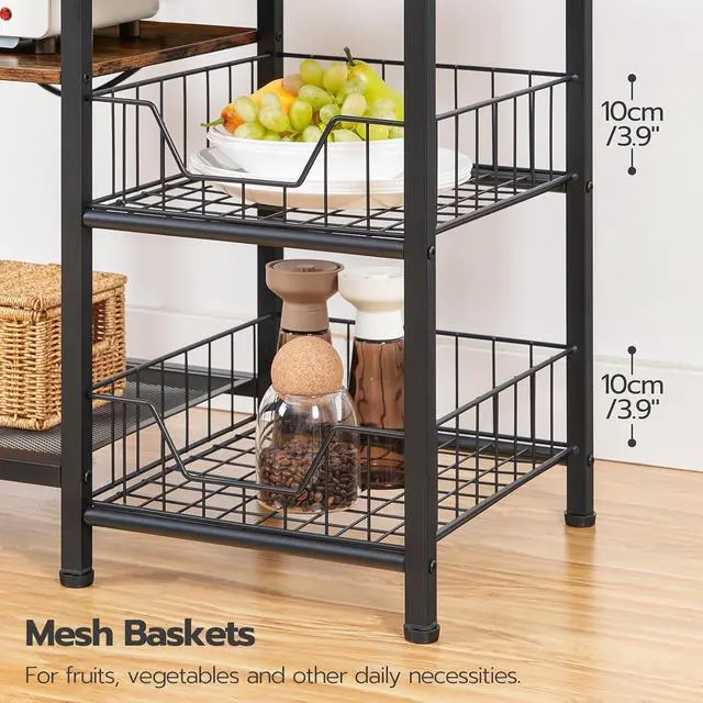 Alt view image 6 of 7 - HOOBRO Large Bakers Rack with Power Outlets, 6-Tier Microwave Stand with 4 Hooks, Coffee Bar, Kitchen Shelf with Wire Basket, for Kitchen, Living Room, Office, Rustic Brown and Black BF64UHB01