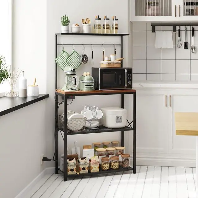 Alt view image 2 of 7 - kitchen Bakers Rack with Power Outlet, Coffee Bar Table 4 Tiers, Microwave Stand with 6 S-shaped Hooks, Kitchen Storage Shelf Rack for Spices, Pots and Pans25.6" L x 12" W x 53.5" H