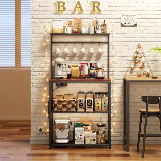 Alt view image 3 of 7 - kitchen Bakers Rack with Power Outlet, Coffee Bar Table 4 Tiers, Microwave Stand with 6 S-shaped Hooks, Kitchen Storage Shelf Rack for Spices, Pots and Pans25.6" L x 12" W x 53.5" H