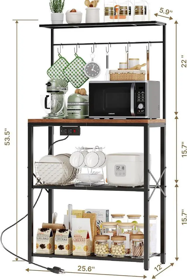 Alt view image 4 of 7 - kitchen Bakers Rack with Power Outlet, Coffee Bar Table 4 Tiers, Microwave Stand with 6 S-shaped Hooks, Kitchen Storage Shelf Rack for Spices, Pots and Pans25.6" L x 12" W x 53.5" H