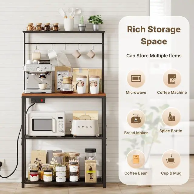 Alt view image 5 of 7 - kitchen Bakers Rack with Power Outlet, Coffee Bar Table 4 Tiers, Microwave Stand with 6 S-shaped Hooks, Kitchen Storage Shelf Rack for Spices, Pots and Pans25.6" L x 12" W x 53.5" H