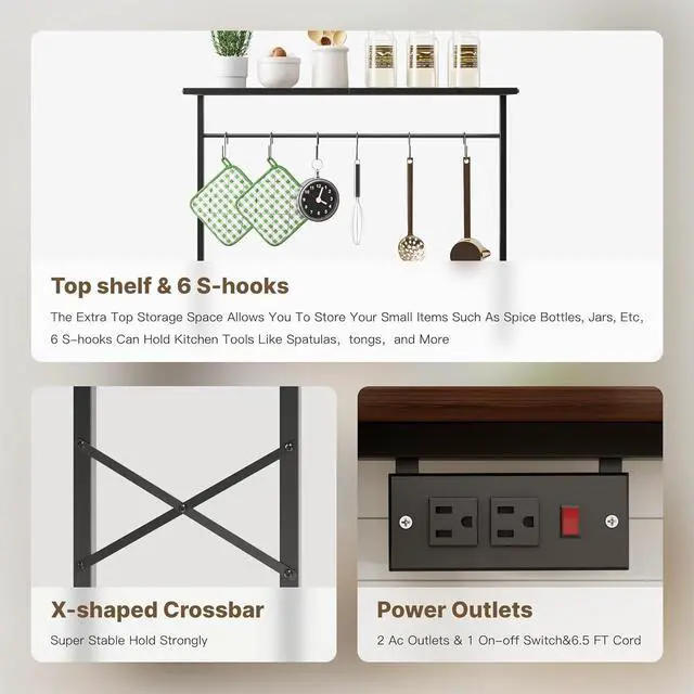 Alt view image 6 of 7 - kitchen Bakers Rack with Power Outlet, Coffee Bar Table 4 Tiers, Microwave Stand with 6 S-shaped Hooks, Kitchen Storage Shelf Rack for Spices, Pots and Pans25.6" L x 12" W x 53.5" H
