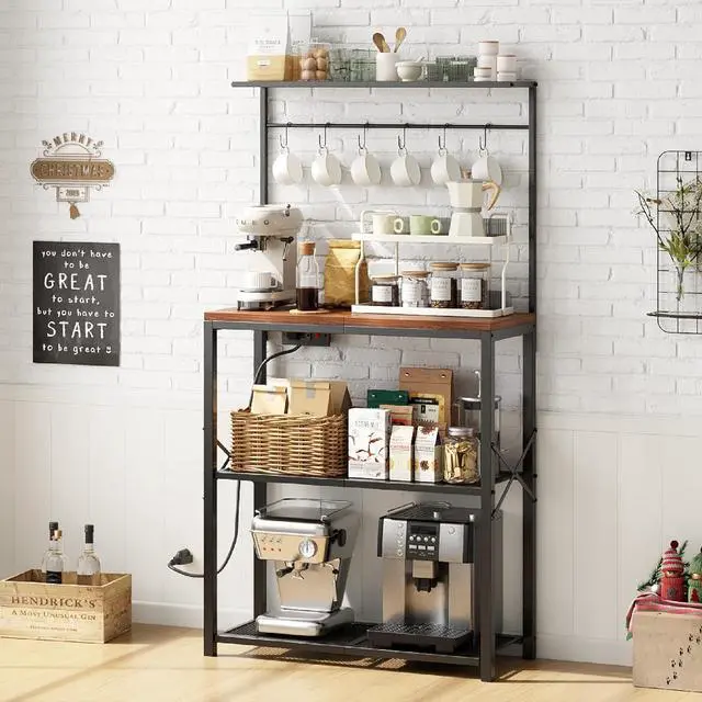 Alt view image 7 of 7 - kitchen Bakers Rack with Power Outlet, Coffee Bar Table 4 Tiers, Microwave Stand with 6 S-shaped Hooks, Kitchen Storage Shelf Rack for Spices, Pots and Pans25.6" L x 12" W x 53.5" H