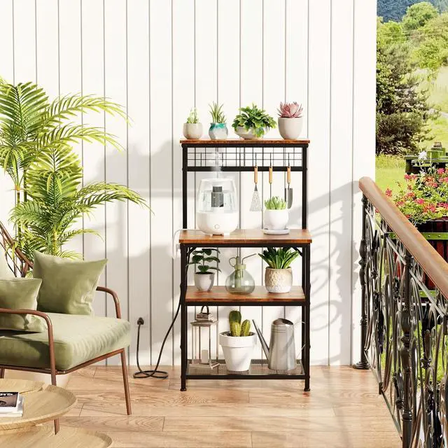 Alt view image 7 of 7 - Furologee Bakers Rack with Power Outlet and LED Light, Small Microwave Stand with 4 Tier Shelves, Coffee Bar Station Table with 6 S Hooks, Kitchen Storage Rack for Spices, Pots, Rustic Brown