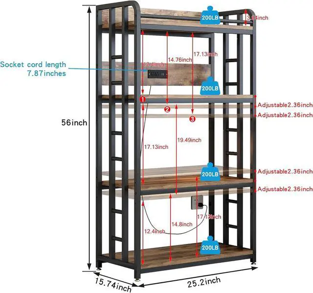 Alt view image 2 of 7 - Adjustable 4-Tier Heavy Duty Kitchen Baker's Rack with Power Outlet, with Industrial Wheels, Free Standing Microwave Oven Cart Stand for Storage in Living Room, Garage, Rustic Brown