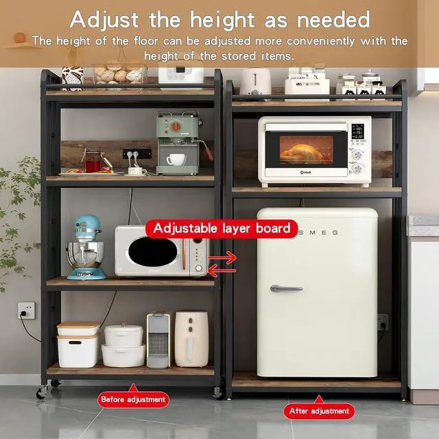 Alt view image 4 of 7 - Adjustable 4-Tier Heavy Duty Kitchen Baker's Rack with Power Outlet, with Industrial Wheels, Free Standing Microwave Oven Cart Stand for Storage in Living Room, Garage, Rustic Brown