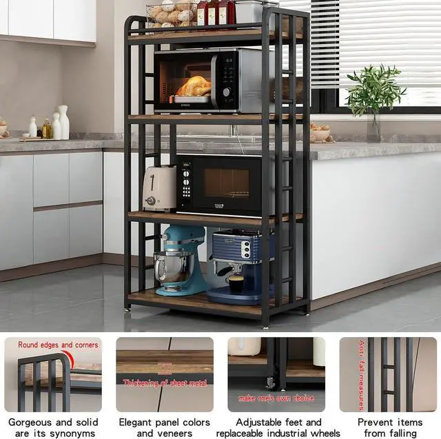 Alt view image 5 of 7 - Adjustable 4-Tier Heavy Duty Kitchen Baker's Rack with Power Outlet, with Industrial Wheels, Free Standing Microwave Oven Cart Stand for Storage in Living Room, Garage, Rustic Brown